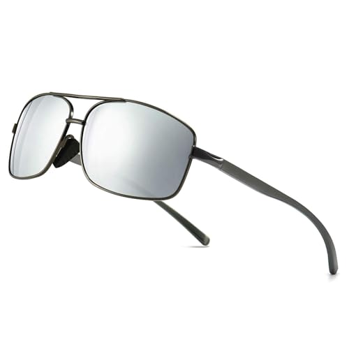 SUNGAIT Ultra Lightweight Rectangular Polarized Sunglasses—Gunmetal Frame with Silver Mirror Lens