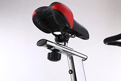 Close-up of the saddle and its horizontal adjustment mechanism on the Toorx SRX-80 EVO Indoor Cycle.