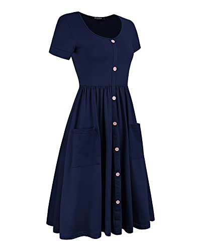 Ouges Womens Summer Short Sleeve Midi Dresses Button Down V Neck Skater Dress With Pockets(Navy395,L) #TOP2