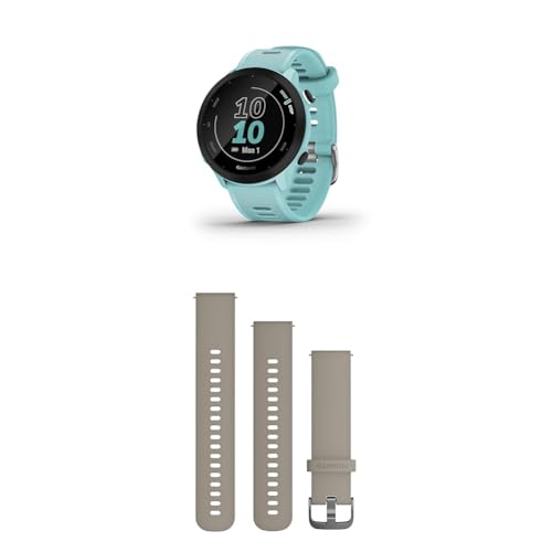Garmin Forerunner 55 Easy to Use Lightweight GPS Running Smartwatch, Aqua & Quick Release Band (20 mm) - Beige Garmin Forerunner 55 Easy to Use Lightweight GPS Running Smartwatch, Aqua & Quick Release Band (20 mm) - Beige