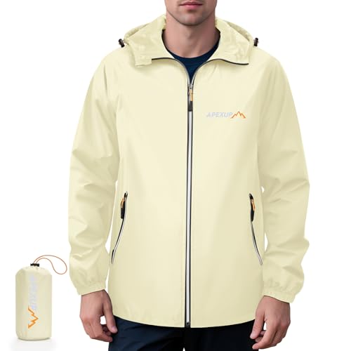 APEXUP Packable Rain Jacket Men with Reflective Zipper, Lightweight Waterproof Raincoat, Mens Rain Jacket for Outdoor Sports Beige Large