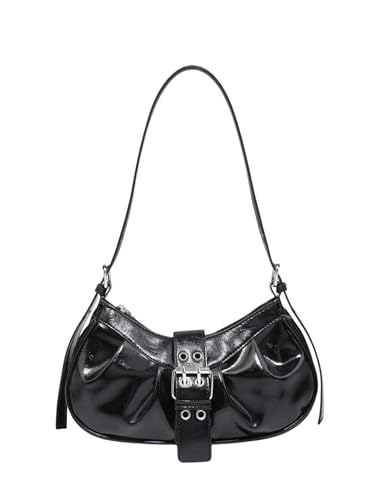 QWINEE Women's Y2K Metal Buckle Shoulder Handbag Magnet Zipper PU Leather Punk Underarm Purses Black One Size