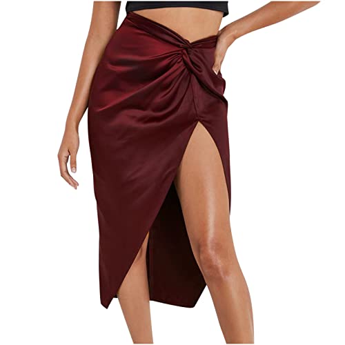 Women's Satin Skily Asymmetrical Split Slit Ruched Hight Waist Bodycon Midi Skirt 2024 Long Fashion Satin Skirts