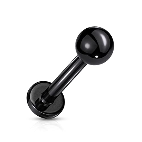 PiercedOff Black IP over 316L Surgical Steel 1mm Labret with Threadless Push in 3mm Top Ball - Length 8mm
