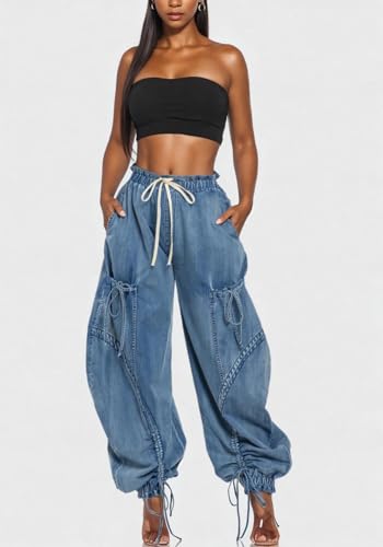 LETSVDO Women's Baggy Cargo Jogger Jeans High Waisted Wide Leg Drawstring Bow Pockets Loose Harem Denim Pant Sweatpants2