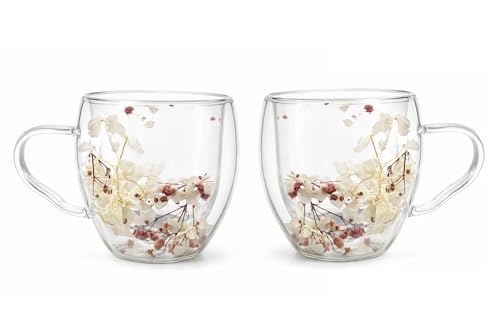 Image of IndusBay Double Wall Borosilicate Glass Mug with Faux Dried Flowers - Elegant Insulated Coffee /Tea Cup | Transparent Floral Design | 250ml | Ideal for Gifting, Home & Office, Boutique, 2 Pieces