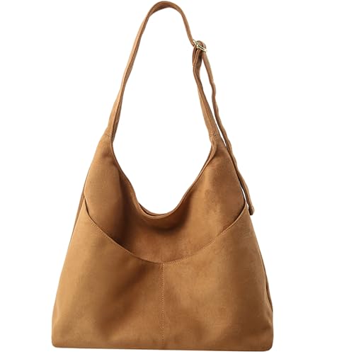 Myhozee Wildleder Handtasche Damen Shopper Tasche Vielseitig Uni Tasche Taschen Schultertasche Hobo Bag Umhängetasche Schule Damen-Schultertaschen Beuteltasche Braun