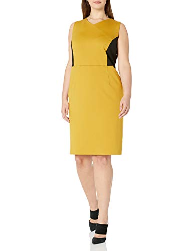 Kasper Women's Plus Size Sleeveless V-Neck Ponte Sheath Dress, Dijon/Black, 18W