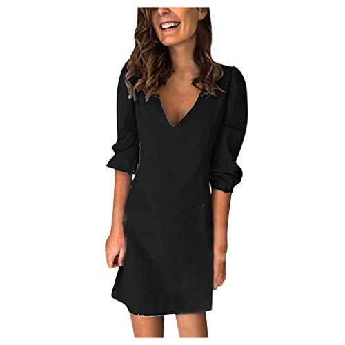 DEATU Womens Summer Cotton Denim Dresses Sexy V Neck 3/4 Sleeve Dress Comfy Elastic Cuffs Tunics Long Tops Dress (Black,X-Large)