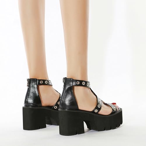 Image of Gothniero women black platform sandals goth chunky wedge heel summer sandals girls gothic punk platform sandals for women metallic spider buckles slides size 5.5-11