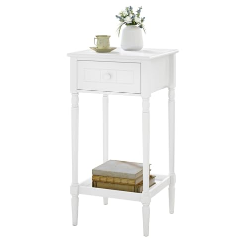 WOLTU Mesita de Noche con Estante y Cajón, Mesilla de Noche Blanca de Estilo Barroco, 35x35x70,5 cm, Mesa Auxiliar Mesa Pequeña para Salon Dormitorio Sofa, Patas de Madera Maciza, NTS09ws