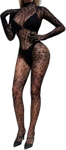 PARUPRUP Women's Sexy See-Through Mesh Bodystocking Long Sleeve Backless Bodysuit Hollow Out Bodycon Jumpsuit Transparent Full Body Lingerie Nylon (Leopard 1-long sleeves, One Size)
