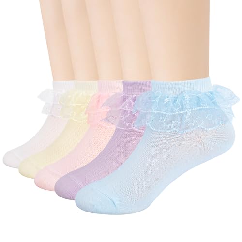 Meeshine Toddler Baby Girls Ruffle Lace Socks Princess Eyelet Frilly Mesh Dress Cotton Ankle Socks for 1-9T Kids 5 Pairs