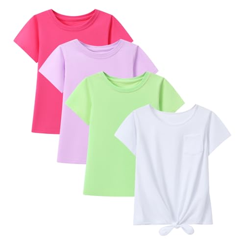 HILEELANG 4 Packs Girls Shirts Summer Short Sleeve Cotton Soft Plain Solid Pure Color Tops Tee Basic Shirts3