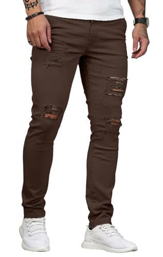 Image of HUNGSON Men's Blue Slim Fit Jeans Stretch Destroyed Ripped Skinny Jeans Side Striped Denim Pants
