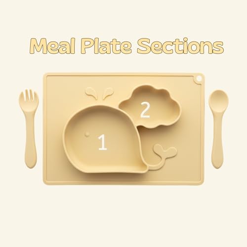 Image of Silicone Baby Meal Plate Set with Spoon & Fork | Whale Shaped | Banana Yellow | 2 Section Divided Plate for Toddlers | Food Grade Kids Feeding Set | Microwave Dishwasher Safe