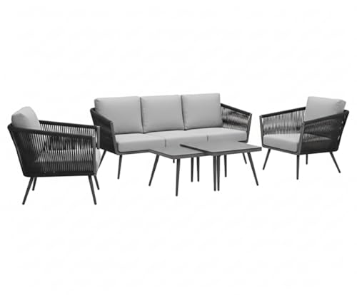 Image of LOCCUS 5-Piece Indoor & Outdoor Patio Furniture Set - Hand-Woven Rope Rattan Sectional Sofa with Tempered Glass Coffee Table, All-Weather Modular Conversation Set for Garden, Balcony, Lawn (Grey)