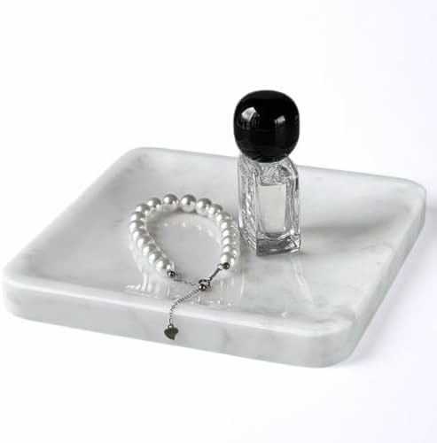 Natural Marble Tray, 6 inches Inside Raised Edges Square Serving Board, Bathroom Organizers and Storage, Stone for Home Kitchen Vanity Countertop Decor (Calacatta White, Square)