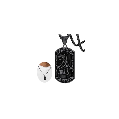 FaithHeart Saint Christopher/Florian/Sebastian Necklace for Men, Stainless Steel/18K Gold Plated St Christopher Necklaces Religious Amulet Pendant Christian Gifts for Men Black st florian-3d