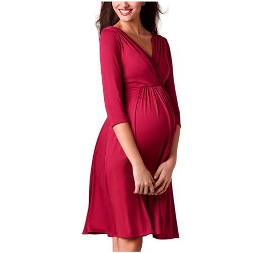 Vestido de Lactancia de Maternidad Mujeres Manga Corta Casual Ropa Fruncida para Embarazadas Elegante Colores sólidos Moda Cuello en V Verano Vestido Corto premamá Vestido de Noche Oficina