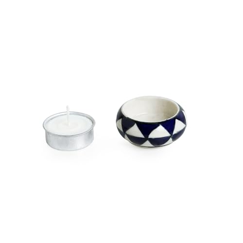 Image of ExclusiveLane 'Shimmering Mughal' Ceramic Table Tea Light Candle Holders for Home Decoration (Set of 4, Geometric Handpainted) |Tea Light Holder Decorative Tea Light Candle Holder Stand for Decoration