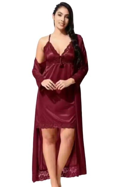 Women Nighty Casual Design Relax Fit Sleep Dress Smooth Fabric Daily Lounge Outfit Maroon Free Size-image-21