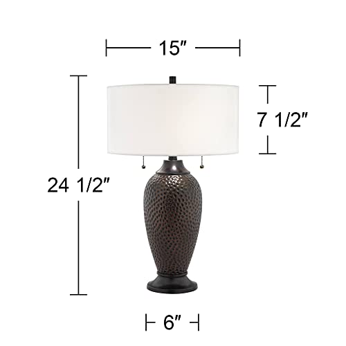 Franklin Iron Works Rustic Farmhouse Table Lamps 24 1/2" Tall Set Of 2 Oil Rubbed Bronze Brown Hammered Red Faux Silk Drum Shade For Bedroom Living Room House Home Bedside Nightstand Office Family #TOP1