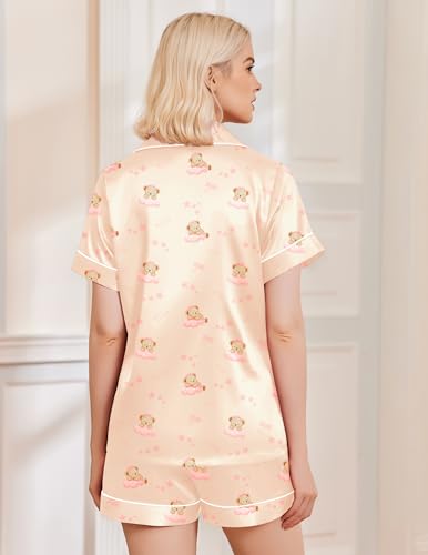 Image of Ekouaer Silk Pajamas for Women Funny Teddy Sleepwear Comfy Short Sleeve Button Down Loungewear Satin Pjs Shorts Set,Champagne,S