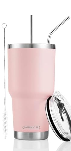 Image of 30oz Sakura Pink Tumbler Stainless Steel Double Wall Vacuum Insulated Mug with Straw and Lid, Cleaning Brush for Cold and Hot Beverages
