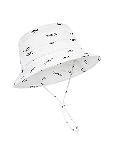 Baby Sun Hat UPF 50+ Sun Protective Toddler Bucket Hat Summer Kids Beach Hats Wide Brim Outdoor Play Hat for Boys Girls White Fish 6-12 Months - Thumbnail 2