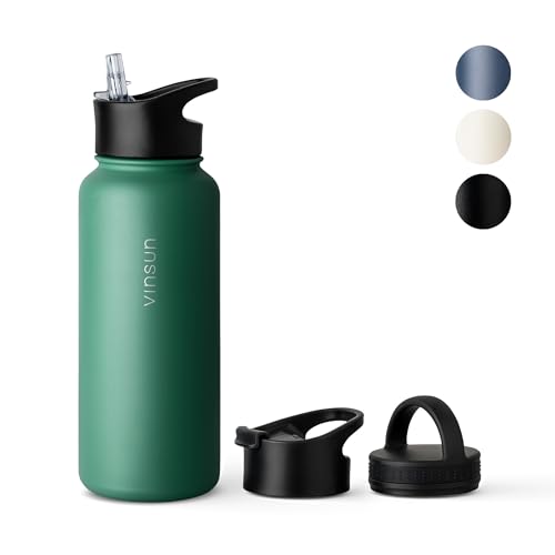 Vinsun Edelstahl Trinkflasche grün 1L - 3 Deckel - auslaufsicher, Kohlensäure geeignet, BPA frei - leichte Thermosflasche Sport, Outdoor, Schule, Uni, Büro, Gym