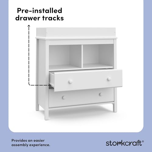 Image of Storkcraft Alpine 2 Drawer Changing Table Chest (White) - Attached Changing Table Topper Fits Any Standard-Size Baby Changing Pad, 2 Drawers, 2 Shelves for Extra Nursery Storage, Easy to Assemble