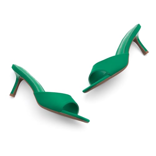 Image of Shoe Land Women's Low Heels Stiletto Heeled Slides, Open Toe One Band Slip-On Heeled Mules - Dressy Heeled Sandals for Prom, Party Wedding and Vacation