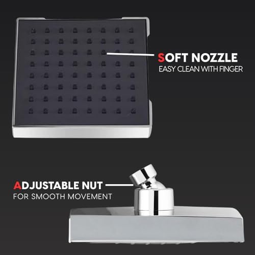 Image of Houza Square Design Bathroom Shower Head - 6x6 Inch, Adjustable Angle with 7-Inch Arm, Chrome Finish, Rust-Proof & Simple Setup