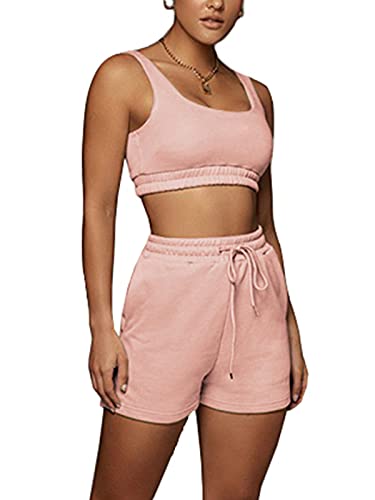 Women 2 PCS Workout Set Comfy Square Neck Sleeveless Bra and Short Leggings Sports Suit Yoga Outfits Pink L
