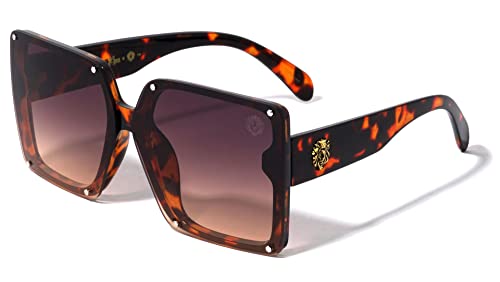 Kleo Royal - Rimless Studded Flat Lens Square Side Coin Lion Head Medallion Hip Hop Sunglasses