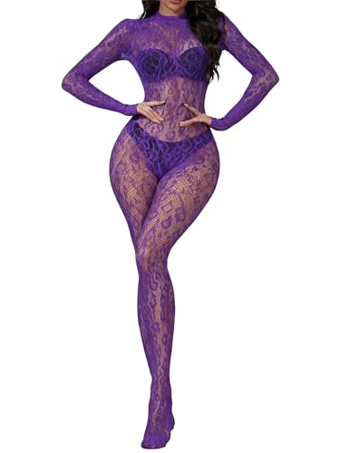 Eagerlove Damen Netzbody Spitze Bodystocking Leopard Sexy Jumpsuit Lingerie Dessous für Party & Club Lila Einheitsgröße