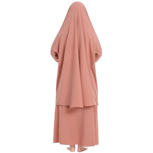 Image of Kids Girls Muslim Islamic Two-piece Outfits Lace Long Sleeve Hijab Dress Abaya and Loose Skirt Full Cover Kaftan