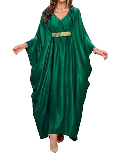 Bsubseach Kaftan Dresses for Women Solid Color V Neck Batwing Sleeve Caftan Dress Satin Plus Size Maxi Beach Cover Up