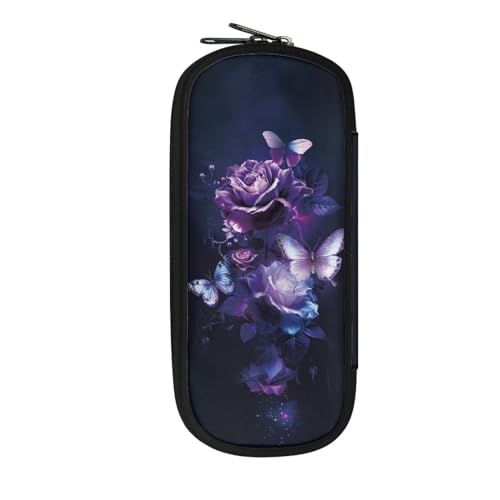 Image of Purple Rose Flowers Butterflies Pencil Case Box, Big Capacity Pen Pouch Pencil Holder for Preschool Kindergarten Elementary Middle School Student