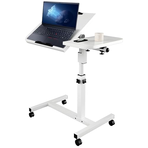 uyoyous Movable Overbed Table Computer Workstations Laptop Table for Sofa Height Adjustable 61-91 cm Standing Desk with Wheels Beside Table Portable Side Table for Living Room Bedroom White
