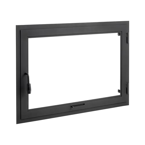 Puerta de horno de chimenea con vidrio para hornos de pizza y acero para calderas. Apertura: derecha | Tirador a la izquierda. Ventana grande. Modelo con brida. (70x42cm)