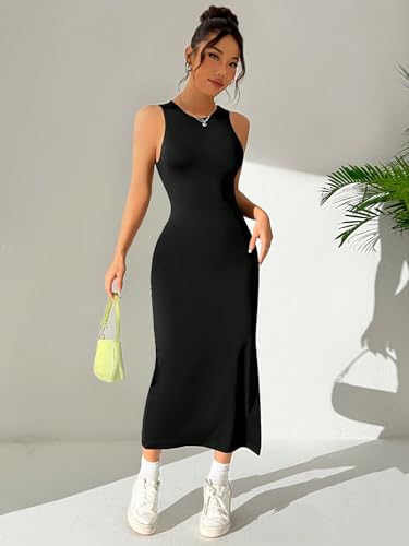 Image of Aahwan Women Bodycon Black Solid Simple Sleeveless Fish Tail Hem Backless Dress