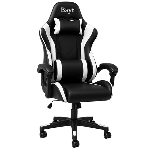 Bayt Silla de Escritorio & Silla Gaming Ergonómica - Gaming Chair para Oficina, Sillón Gamer Reclinable, Diseño Deportivo en Cuero Sintético, Negro y Blanco