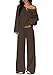 TFNOSIZE Damen Zweiteilige Loungewear Co Ord mit Oberteil und weitem Bein, gestrickter Zwei-Wege-Ausschnitt für Zuhause und Reisen, kaffeebraun, M