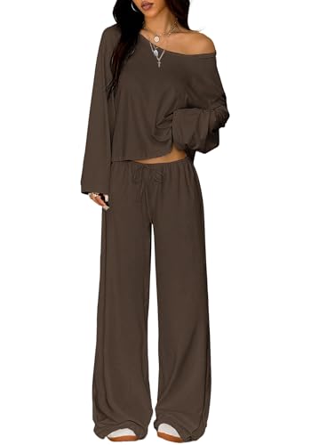 TFNOSIZE Damen Zweiteilige Loungewear Co Ord mit Oberteil und weitem Bein gestrickter Zwei-Wege-Ausschnitt für Zuhause und Reisen kaffeebraun L