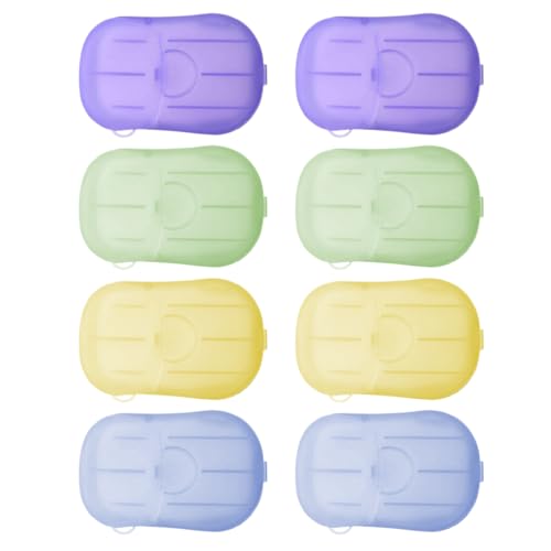 SIRLOMU Caja de jabón de papel, 8 unidades, pastillas portátiles con caja de plástico, láminas, escamas, tiras de jabón, papel de viaje, perfecto para camping, viajes y manos (4 colores)