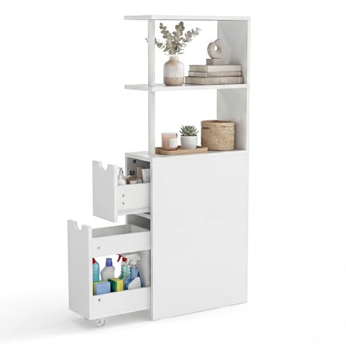 LIFEZEAL Meuble de Salle de Bain Étroit, Armoire de Rangement Haute avec Étagères Ouvertes et Tiroir sur roulettes, Meuble Colonne Autoportant pour Salon et Cuisine,...