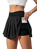 SEAJOJO Women's Athletic Skirts Crossover Wide Waistband Flowy Tennis Sports Skort with Inner Shorts Pockets Black