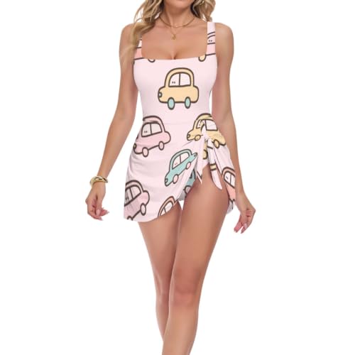 Maillot de bain jupe rose pour femme avec motif voiture dessin animé pour la plage